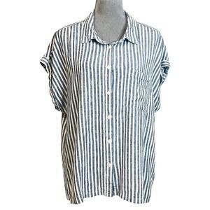 Orvis Linen Blend XL Blue Striped Top Blouse Preppy Summer Coastal Vacation
